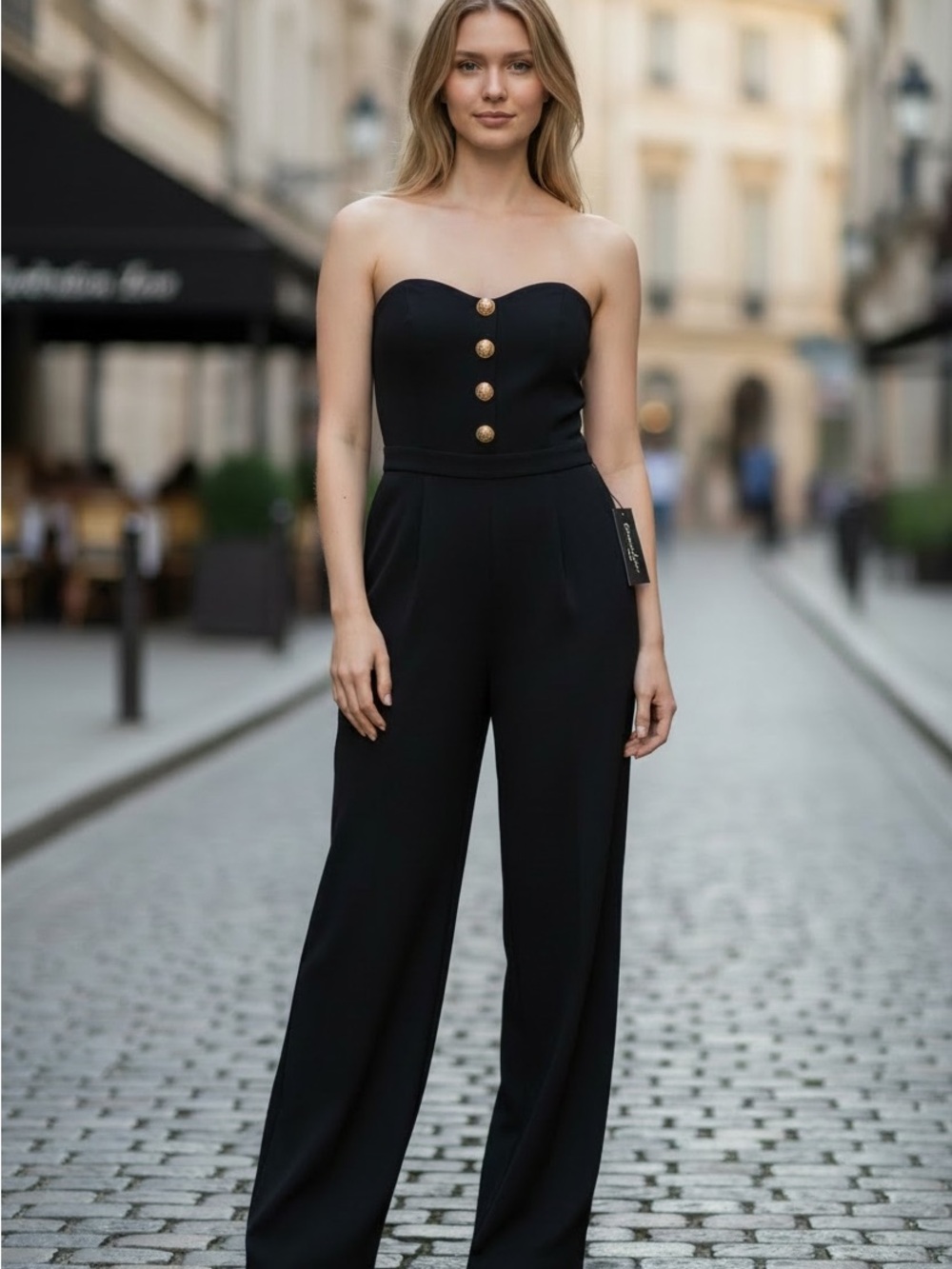 Generation Love Black Strapless Wide-Leg Jumpsuit with Gold Buttons